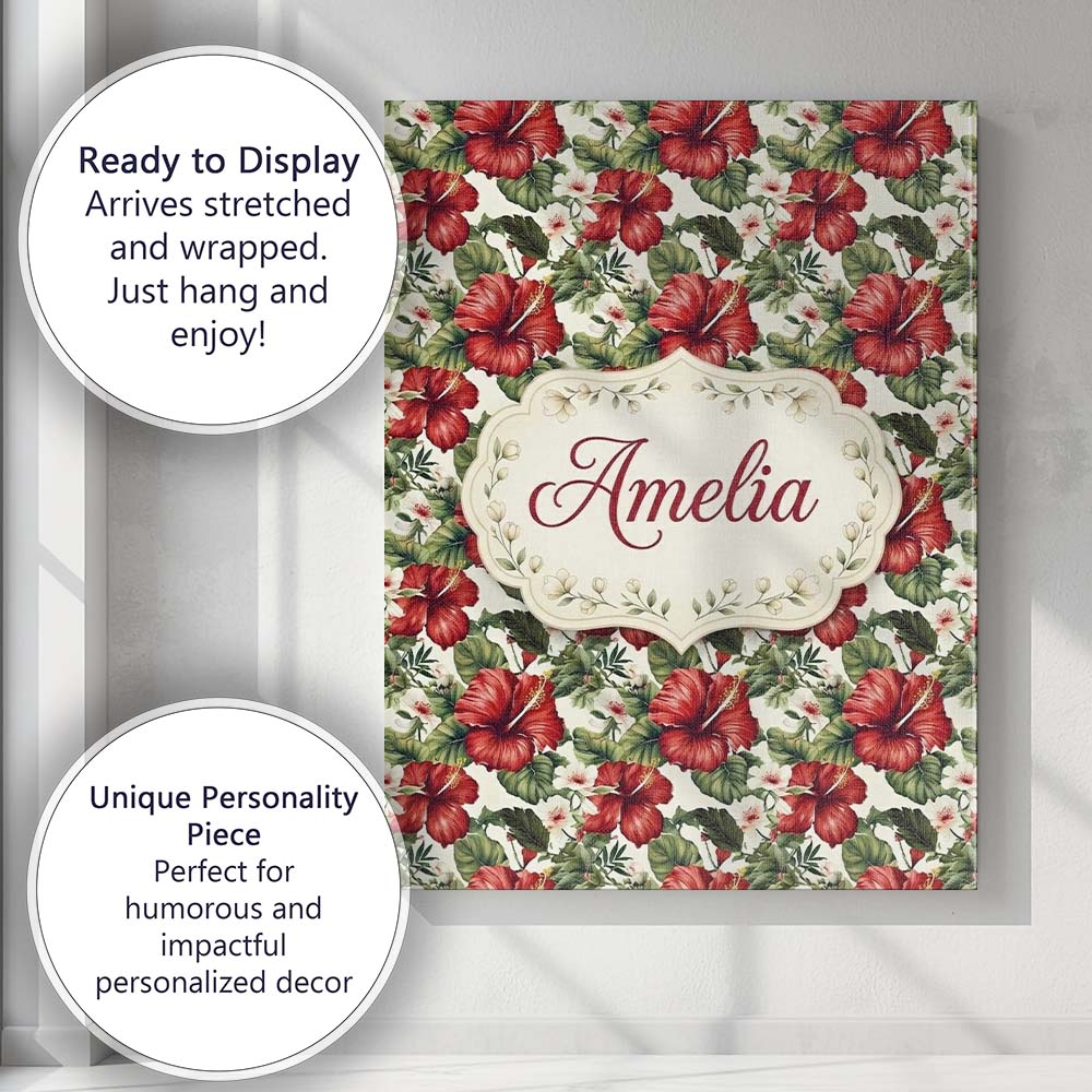 Personalised Name Tropical Red Hibiscus Custom  Modern Room Accent Elegant Feature Canvas Wall Art Print Decor Picture Ready to Hang
