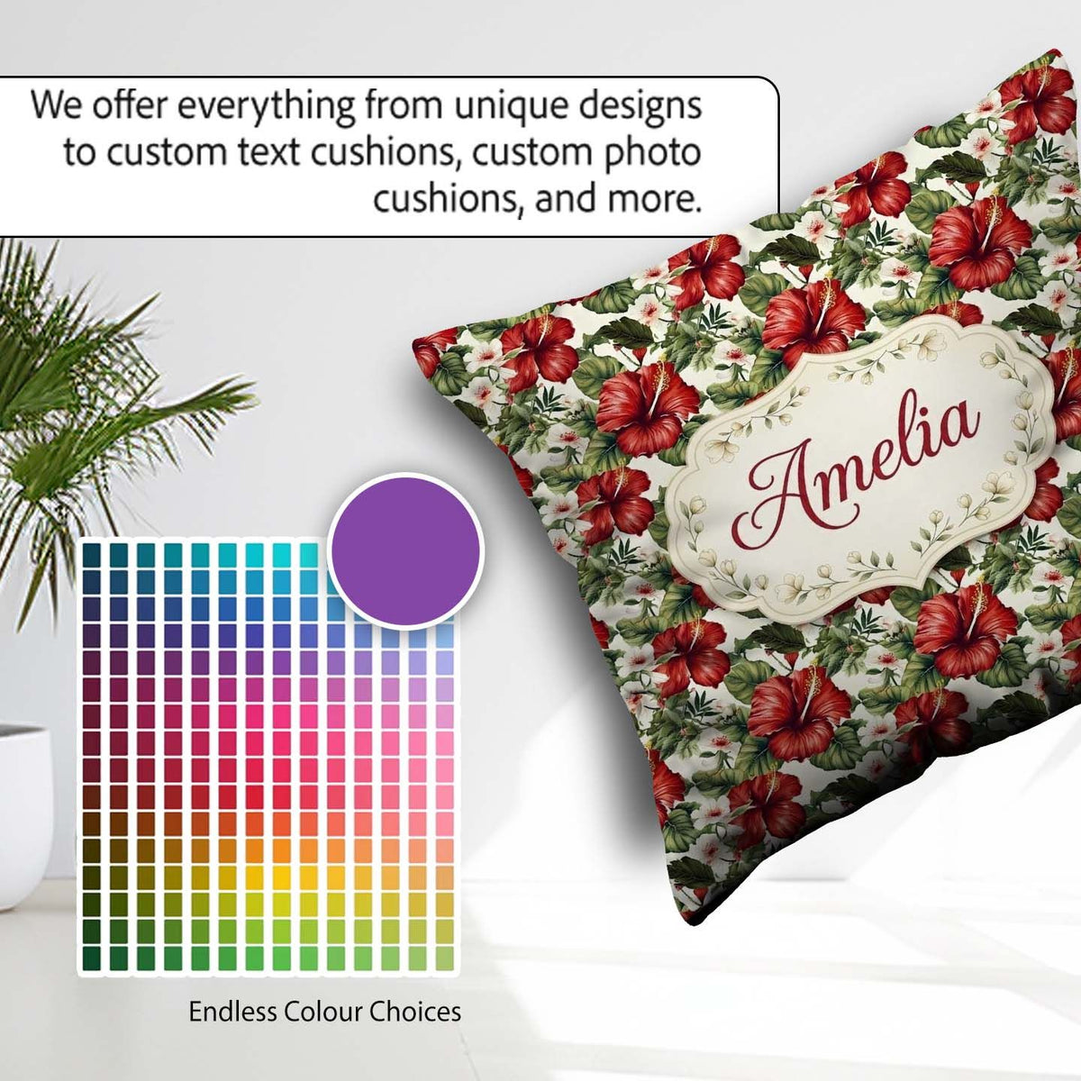 Custom Name Tropical Red Hibiscus Floral Botanical Seamless Name Square Filled Cushion Throw Pillow Sofa Bed Home Decor Zip Washable UK Made