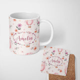 Personalized Custom Name Soft Pink Floral Hot Air Balloon Watercolor Seamless Pattern Name 11oz Ceramic Coffee Tea Mug White Large Handle