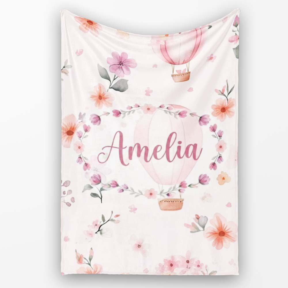 Soft Pink Floral Hot Air Balloon Watercolor Seamless Pattern Name  Personalised Custom Name Super Soft Fleece Blanket Bed Sofa Throw