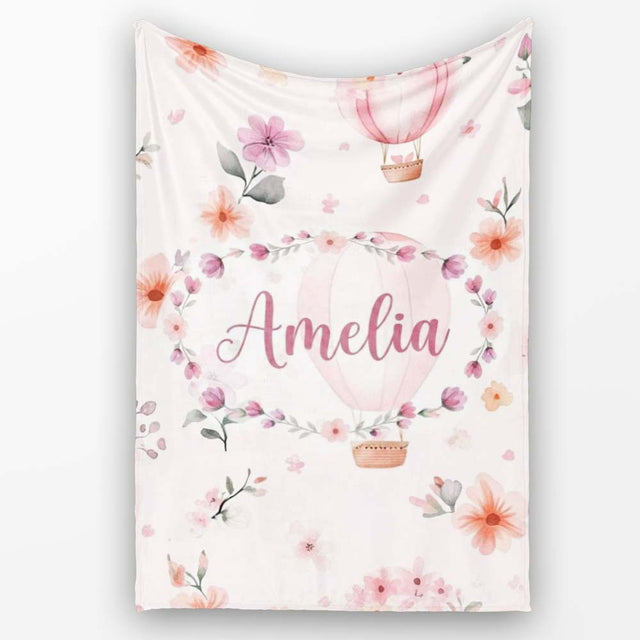 Soft Pink Floral Hot Air Balloon Watercolor Seamless Pattern Name  Personalised Custom Name Super Soft Fleece Blanket Bed Sofa Throw