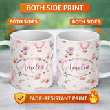 Personalized Custom Name Soft Pink Floral Hot Air Balloon Watercolor Seamless Pattern Name 11oz Ceramic Coffee Tea Mug White Large Handle