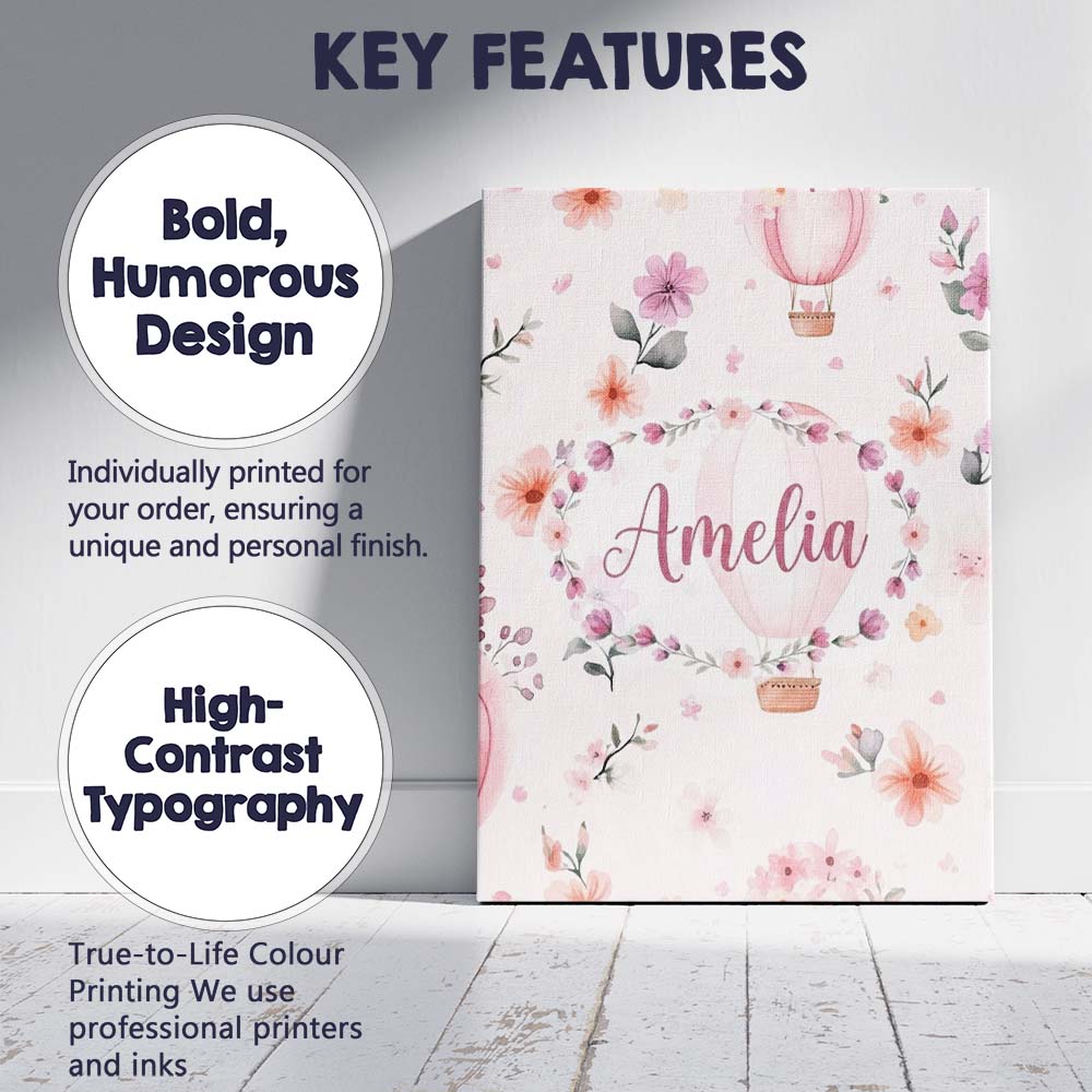 Personalised Name Soft Pink Floral Hot Air Custom  Unique Gift Idea Elegant Feature Canvas Wall Art Print Decor Picture Ready to Hang