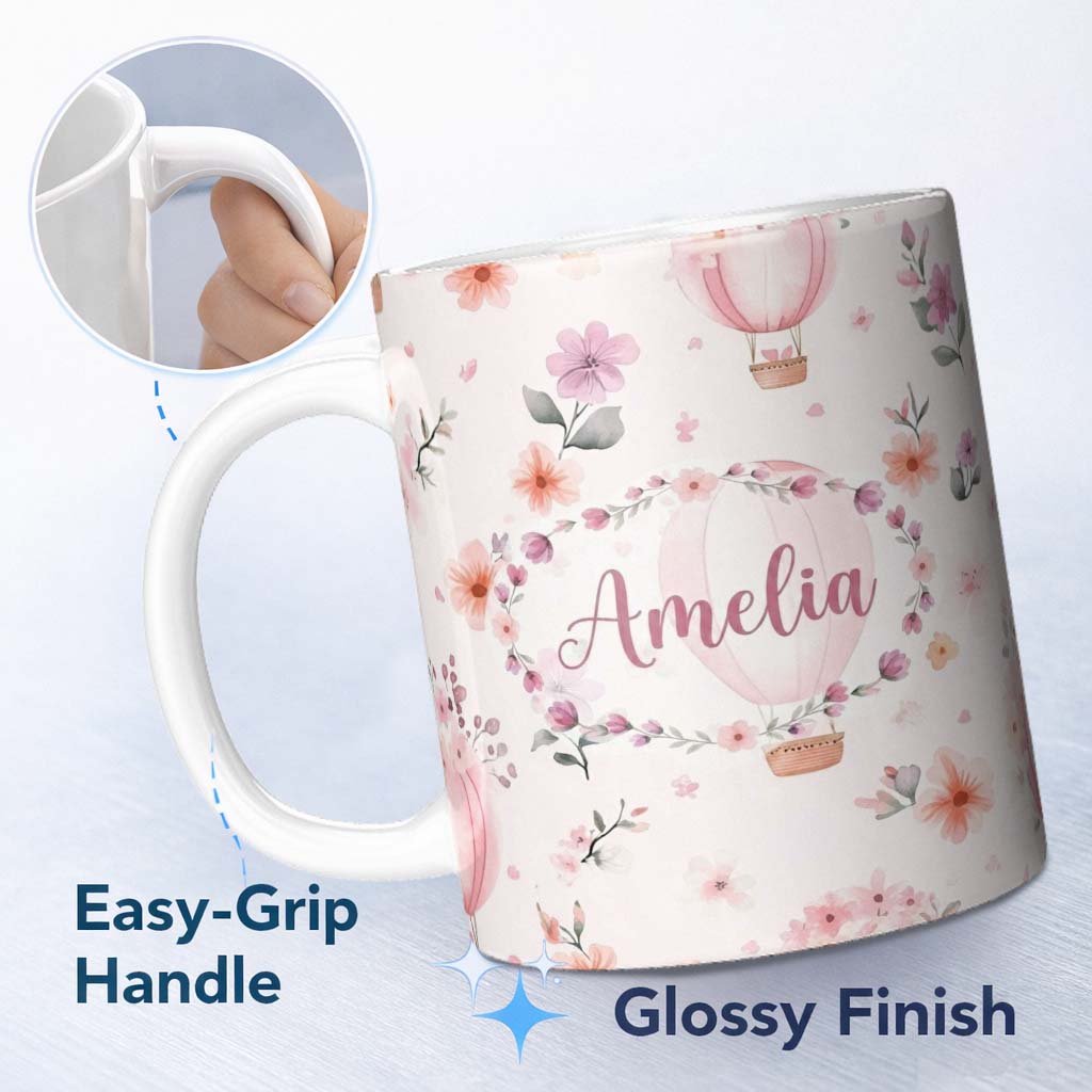 Personalized Custom Name Soft Pink Floral Hot Air Balloon Watercolor Seamless Pattern Name 11oz Ceramic Coffee Tea Mug White Large Handle