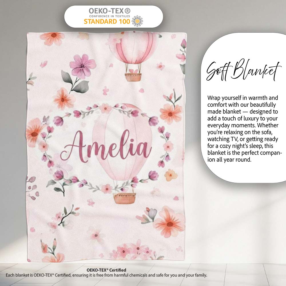 Soft Pink Floral Hot Air Balloon Watercolor Seamless Pattern Name  Personalised Custom Name Super Soft Fleece Blanket Bed Sofa Throw