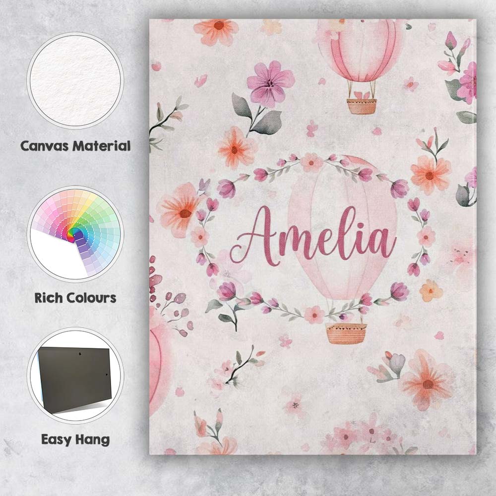 Personalised Name Soft Pink Floral Hot Air Custom  Unique Gift Idea Elegant Feature Canvas Wall Art Print Decor Picture Ready to Hang