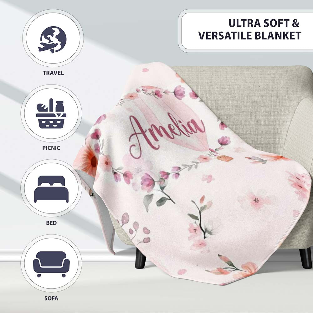 Soft Pink Floral Hot Air Balloon Watercolor Seamless Pattern Name  Personalised Custom Name Super Soft Fleece Blanket Bed Sofa Throw