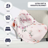 Soft Pink Floral Hot Air Balloon Watercolor Seamless Pattern Name  Personalised Custom Name Super Soft Fleece Blanket Bed Sofa Throw