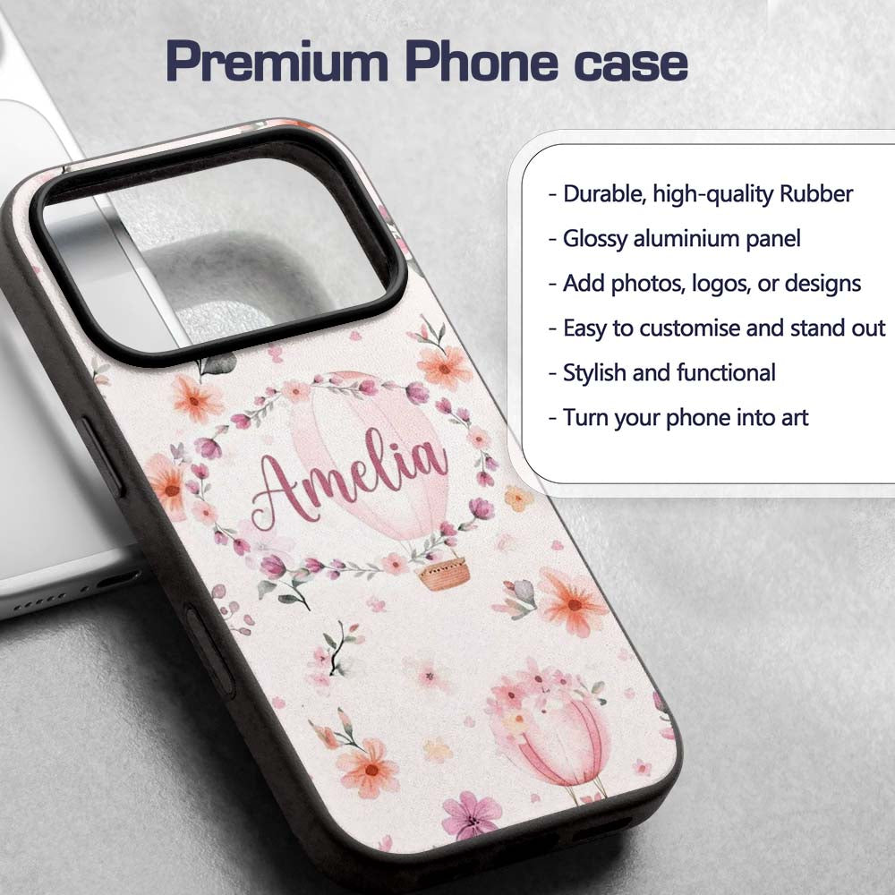 Soft Pink Floral Hot Air Balloon Printed Design Custom Name Protective Phone Case Mobile Cover Durable Everyday Smartphone Shock Resistant