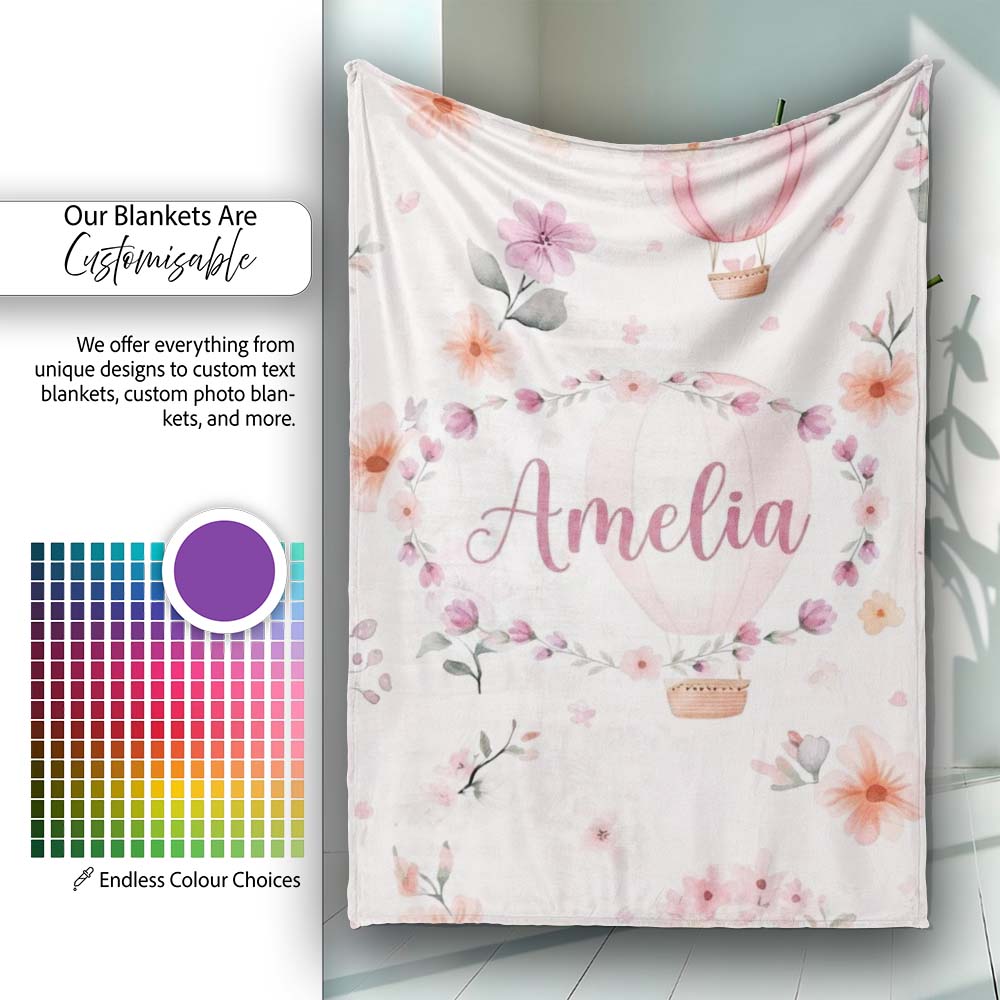Soft Pink Floral Hot Air Balloon Watercolor Seamless Pattern Name  Personalised Custom Name Super Soft Fleece Blanket Bed Sofa Throw