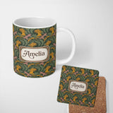 Personalized Custom Name Vintage Golden Exotic Birds Leafy Botanical Seamless Pattern Name 11oz Ceramic Coffee Tea Mug White Large Handle