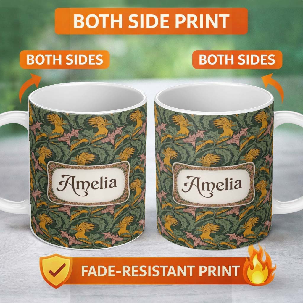 Personalized Custom Name Vintage Golden Exotic Birds Leafy Botanical Seamless Pattern Name 11oz Ceramic Coffee Tea Mug White Large Handle