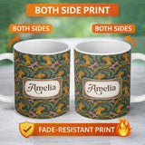 Personalized Custom Name Vintage Golden Exotic Birds Leafy Botanical Seamless Pattern Name 11oz Ceramic Coffee Tea Mug White Large Handle
