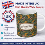 Personalized Custom Name Vintage Golden Exotic Birds Leafy Botanical Seamless Pattern Name 11oz Ceramic Coffee Tea Mug White Large Handle
