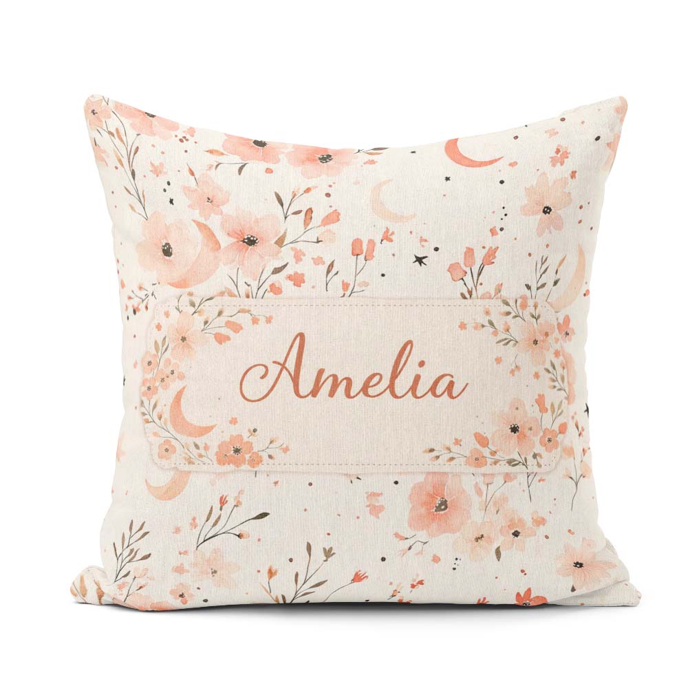 Custom Name Peach Floral Moon Seamless Pattern Stylish Everyday Square Filled Cushion Throw Pillow Sofa Bed Home Decor Zip Washable UK Made