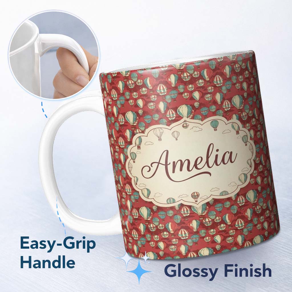 Personalized Custom Name Retro Hot Air Balloon Red Sky Vintage Seamless Pattern Name Cute 11oz Ceramic Coffee Tea Mug White Large Handle