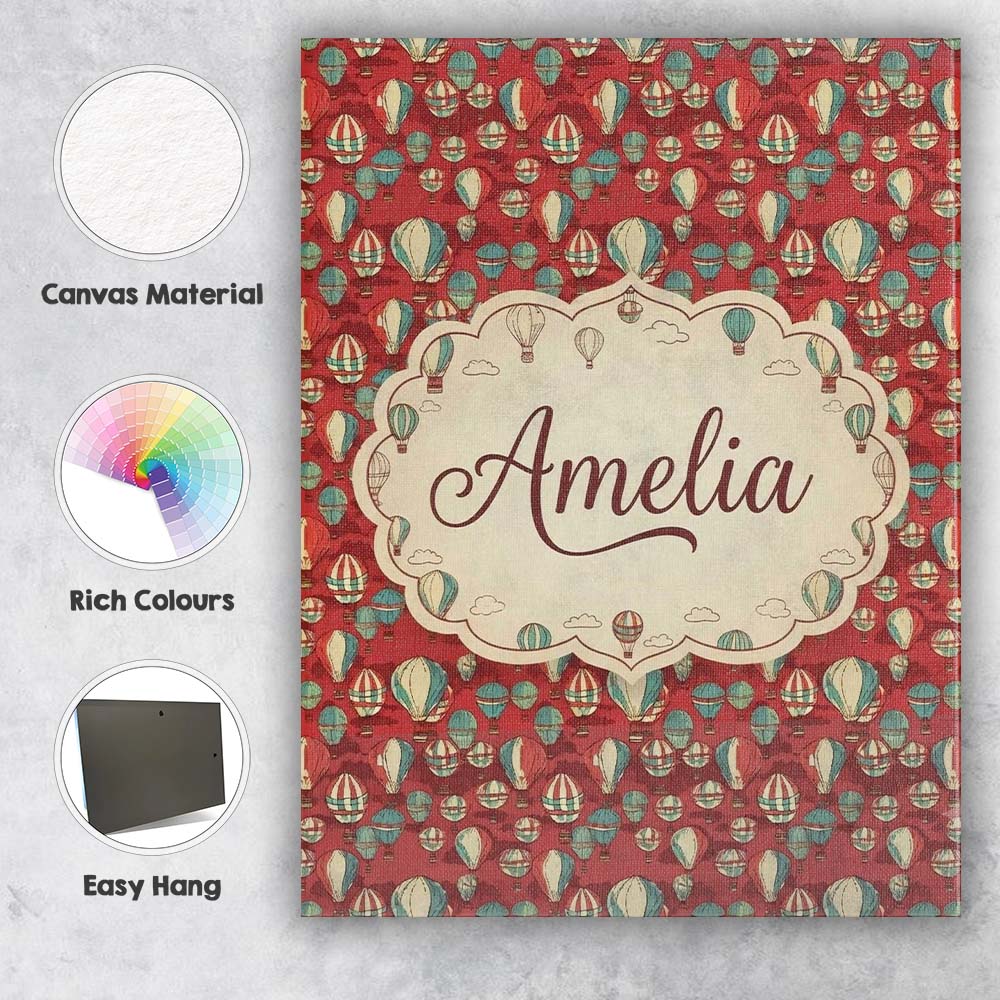 Personalised Name Retro Hot Air Balloon Red Custom  Bespoke Interior Contemporary Canvas Wall Art Print Decor Picture Ready to Hang