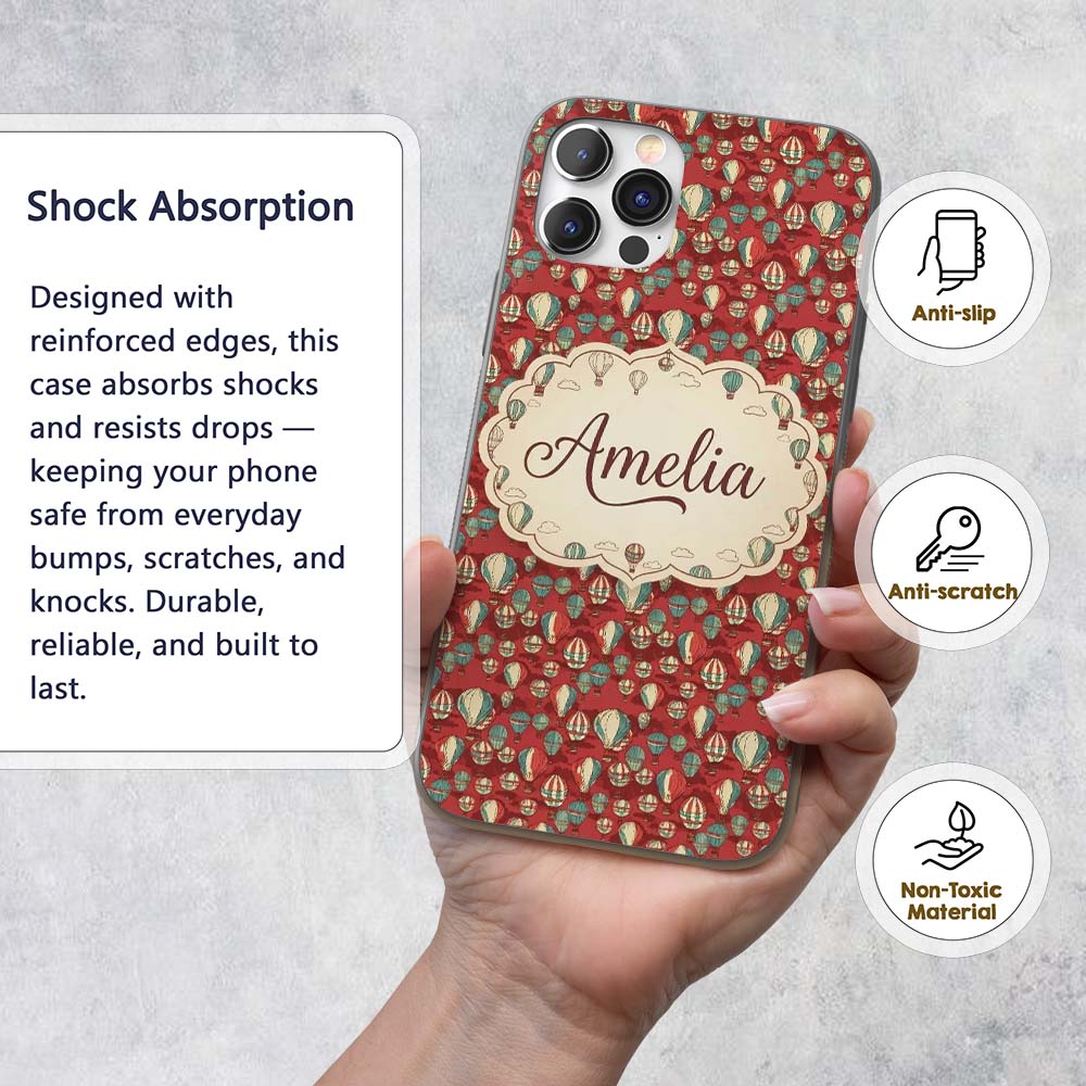 Retro Hot Air Balloon Red Sky Vintage Seamless Custom Name Protective Phone Case Mobile Cover Durable Everyday Smartphone Shock Resistant