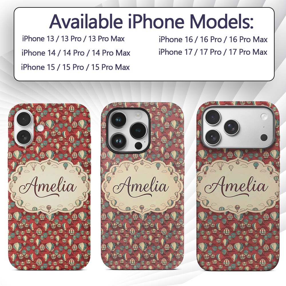 Retro Hot Air Balloon Red Sky Vintage Seamless Custom Name Protective Phone Case Mobile Cover Durable Everyday Smartphone Shock Resistant
