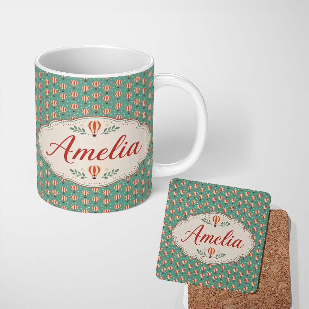 Personalized Custom Name Cute Striped Hot Air Balloon Blue Sky Seamless Pattern Name Unique 11oz Ceramic Coffee Tea Mug White Large Handle