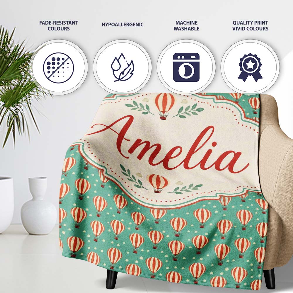Cute Striped Hot Air Balloon Blue Sky Seamless Pattern Name Unique  Personalised Custom Name Super Soft Fleece Blanket Bed Sofa Throw
