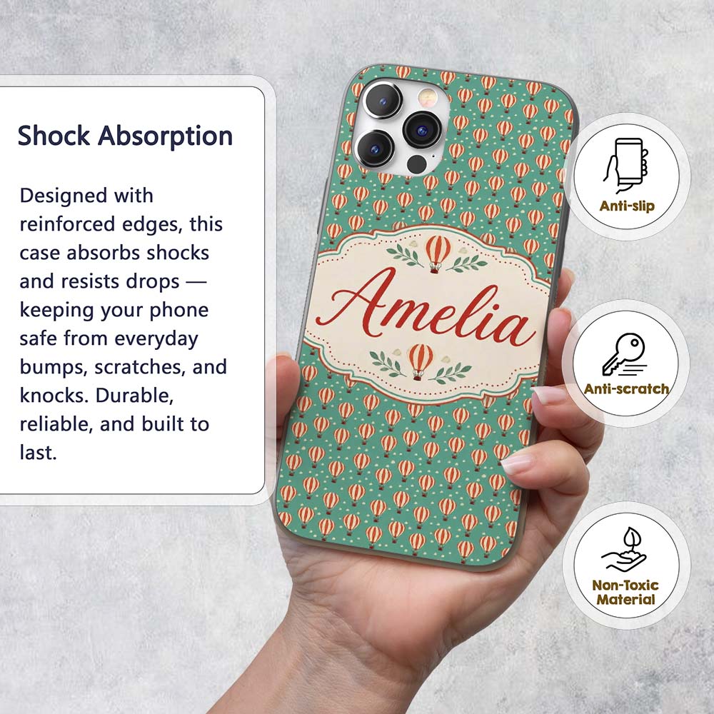 Cute Striped Hot Air Balloon Blue Sky Seamless Custom Name Protective Phone Case Mobile Cover Durable Everyday Smartphone Shock Resistant