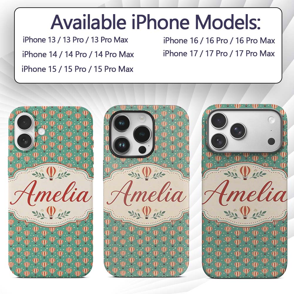 Cute Striped Hot Air Balloon Blue Sky Seamless Custom Name Protective Phone Case Mobile Cover Durable Everyday Smartphone Shock Resistant