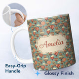 Personalized Custom Name Boho Hot Air Balloon Clouds Sky Seamless Pattern Name Cute Unique 11oz Ceramic Coffee Tea Mug White Large Handle