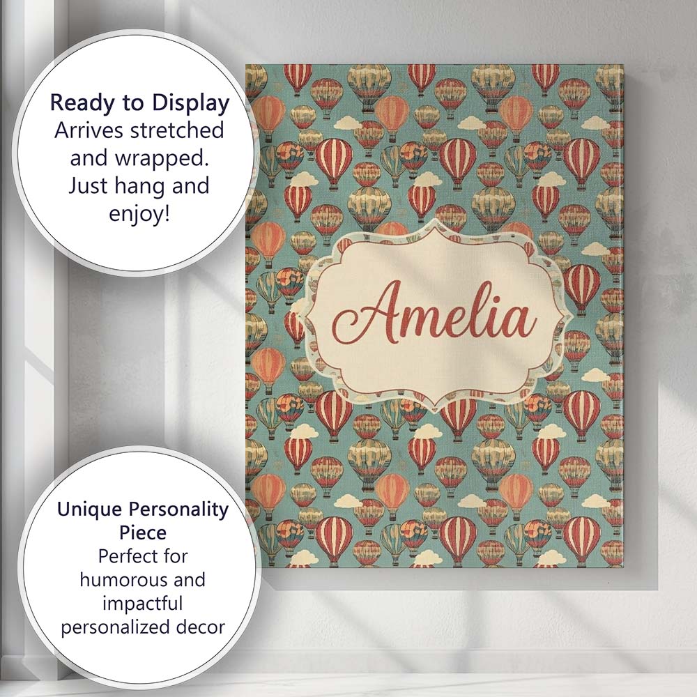 Personalised Name Boho Hot Air Balloon Custom  Modern Room Accent Elegant Feature Canvas Wall Art Print Decor Picture Ready to Hang