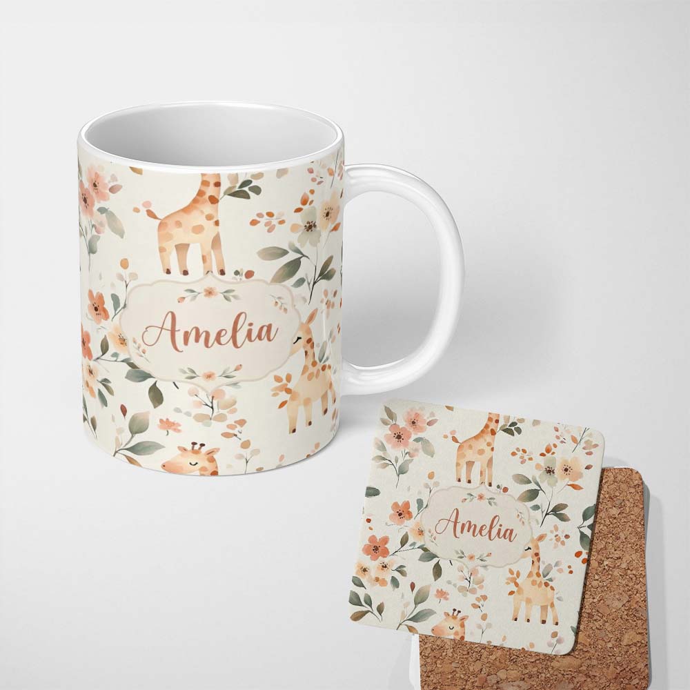 Personalized Custom Name Cute Baby Giraffe Floral Nursery Seamless Pattern Name Unique Gift 11oz Ceramic Coffee Tea Mug White Large Handle