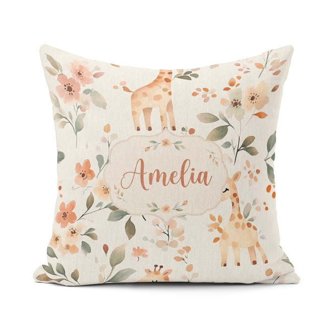 Custom Name Baby Giraffe Floral Nursery Seamless Pattern Name Square Filled Cushion Throw Pillow Sofa Bed Home Decor Zip Washable UK Made