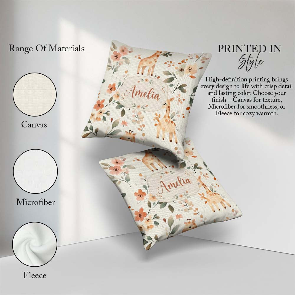 Custom Name Baby Giraffe Floral Nursery Seamless Pattern Name Square Filled Cushion Throw Pillow Sofa Bed Home Decor Zip Washable UK Made