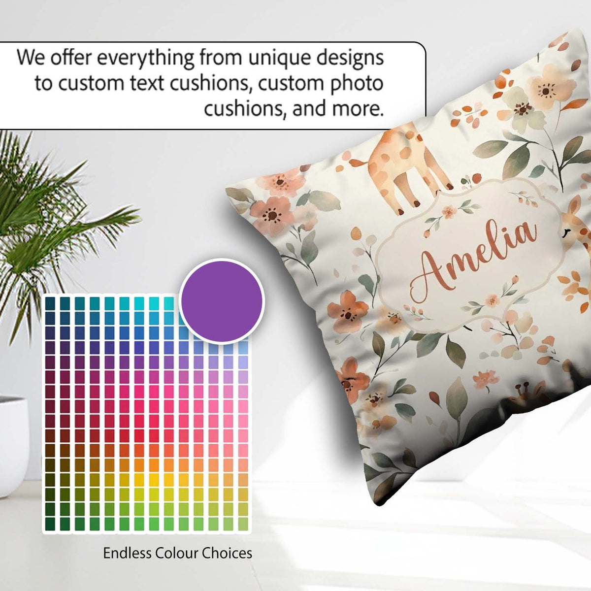 Custom Name Baby Giraffe Floral Nursery Seamless Pattern Name Square Filled Cushion Throw Pillow Sofa Bed Home Decor Zip Washable UK Made