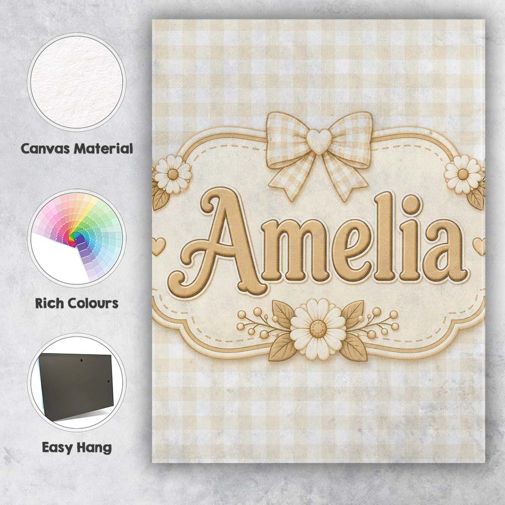Personalised Name Beige Gingham Check Custom Modern Room Accent Creative Decorator Style Canvas Wall Art Print Decor Picture Ready to Hang