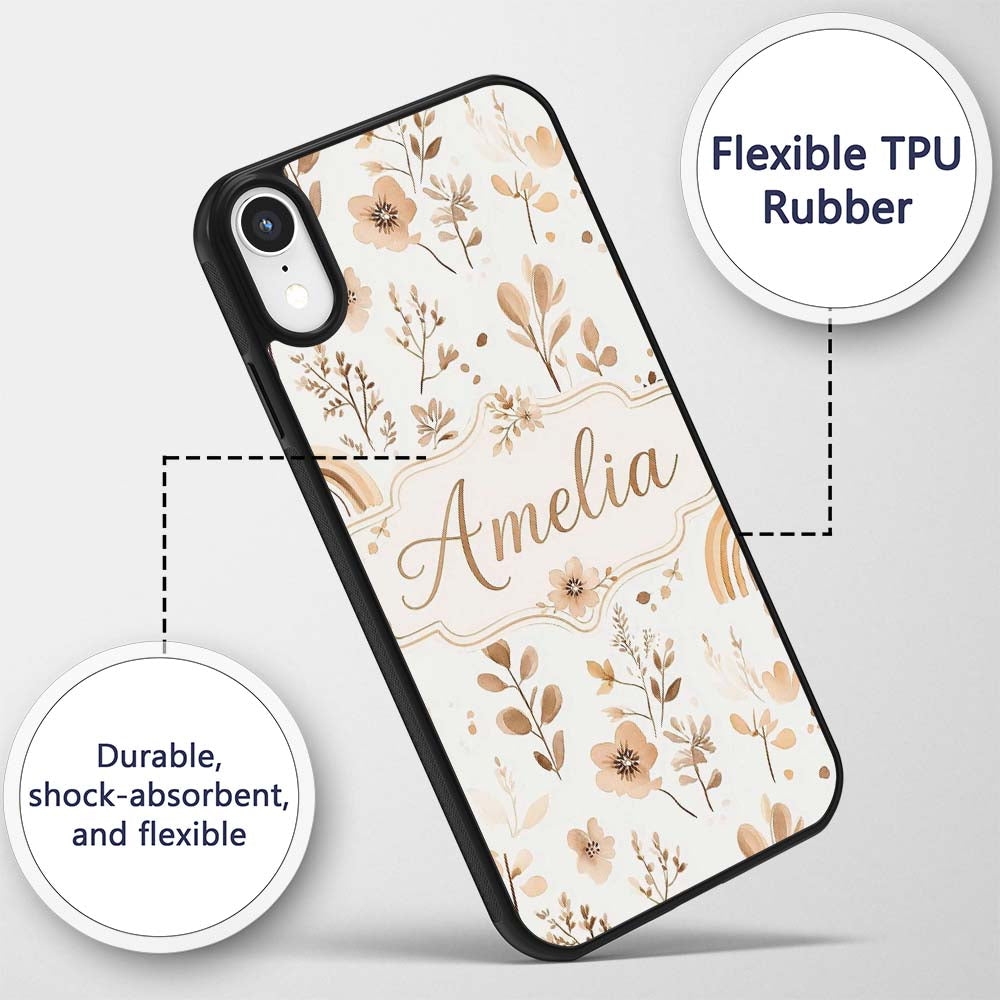 Neutral Boho Rainbow Floral Watercolor Seamless Custom Name Protective Phone Case Mobile Cover Durable Everyday Smartphone Shock Resistant