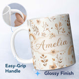 Personalized Custom Name Neutral Boho Rainbow Floral Watercolor Seamless Pattern Name Cute 11oz Ceramic Coffee Tea Mug White Large Handle