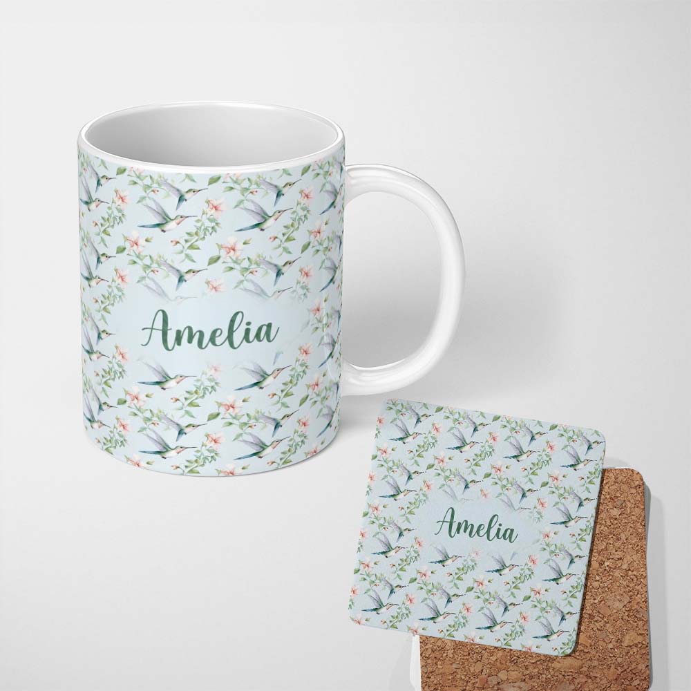 Personalized Custom Name Delicate Hummingbird Floral Soft Blue Seamless Pattern Name Cute 11oz Ceramic Coffee Tea Mug White Large Handle