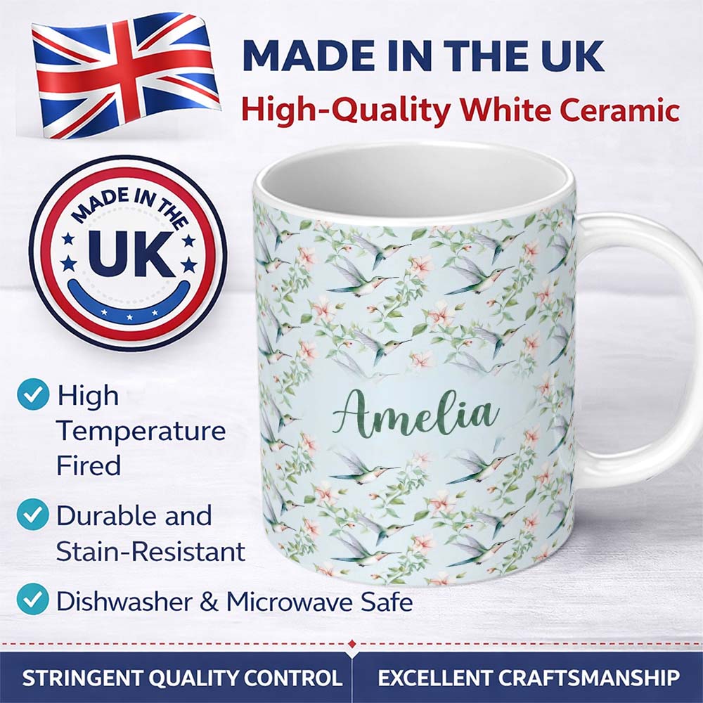 Personalized Custom Name Delicate Hummingbird Floral Soft Blue Seamless Pattern Name Cute 11oz Ceramic Coffee Tea Mug White Large Handle