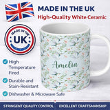 Personalized Custom Name Delicate Hummingbird Floral Soft Blue Seamless Pattern Name Cute 11oz Ceramic Coffee Tea Mug White Large Handle