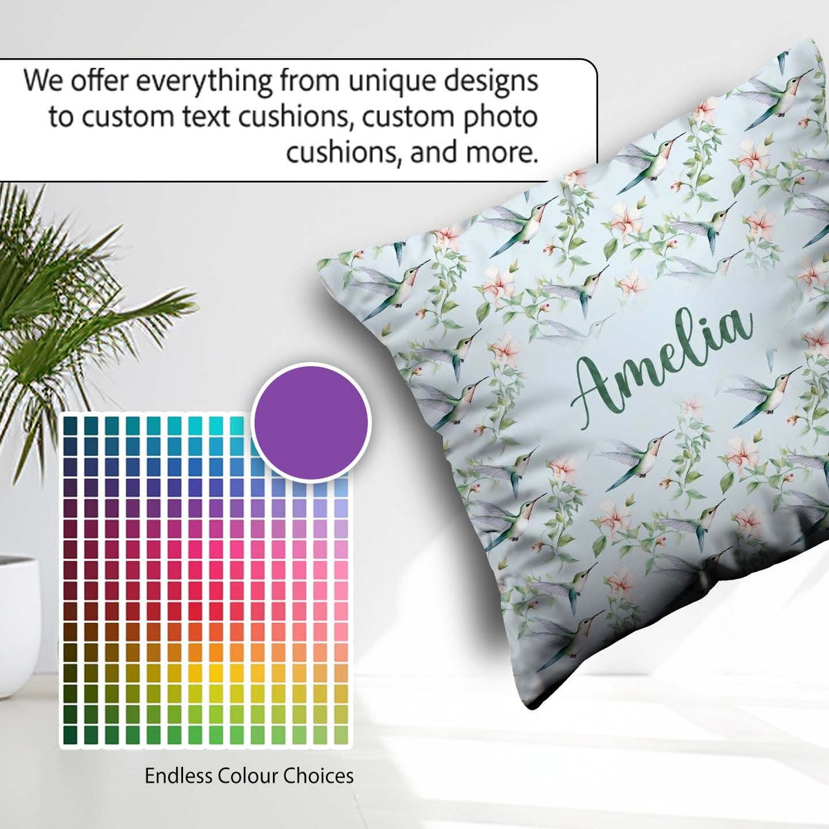 Custom Name Delicate Floral Soft Blue Seamless Pattern Name Cute Square Filled Cushion Throw Pillow Sofa Bed Home Decor Zip Washable UK Made