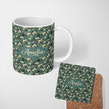 Personalized Custom Name Vintage Hummingbird Lily Floral Dark Green Seamless Pattern Name 11oz Ceramic Coffee Tea Mug White Large Handle