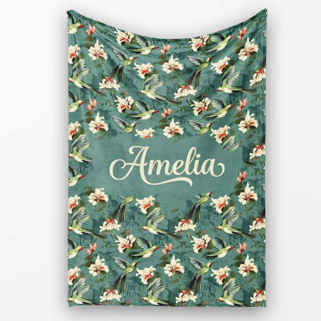 Vintage Hummingbird Lily Floral Dark Green Seamless Pattern Name  Personalised Custom Name Super Soft Fleece Blanket Bed Sofa Throw