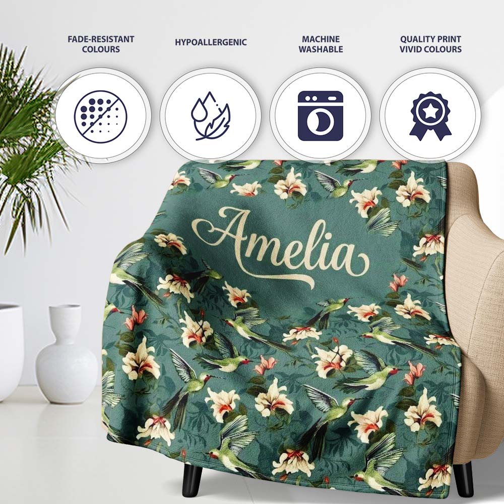 Vintage Hummingbird Lily Floral Dark Green Seamless Pattern Name  Personalised Custom Name Super Soft Fleece Blanket Bed Sofa Throw