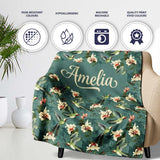 Vintage Hummingbird Lily Floral Dark Green Seamless Pattern Name  Personalised Custom Name Super Soft Fleece Blanket Bed Sofa Throw