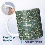 Personalized Custom Name Vintage Hummingbird Lily Floral Dark Green Seamless Pattern Name 11oz Ceramic Coffee Tea Mug White Large Handle