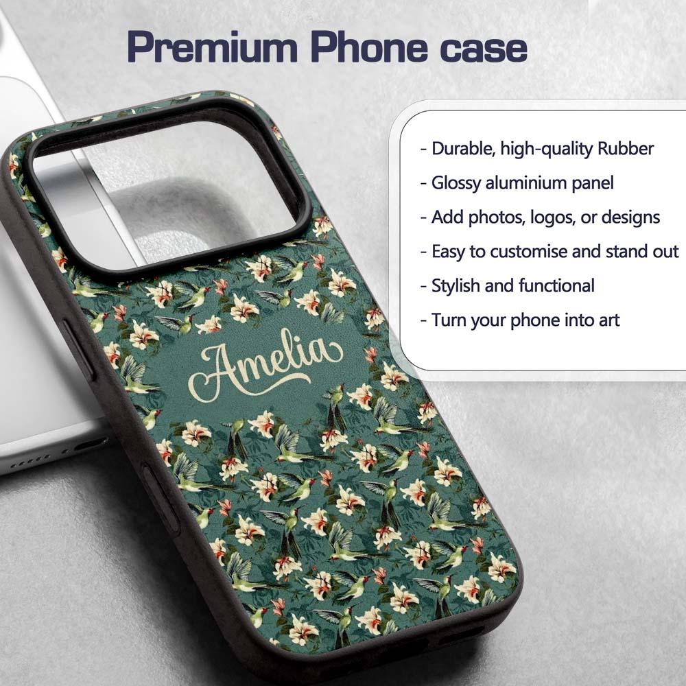 Vintage Hummingbird Lily Floral Printed Design Custom Name Protective Phone Case Mobile Cover Durable Everyday Smartphone Shock Resistant