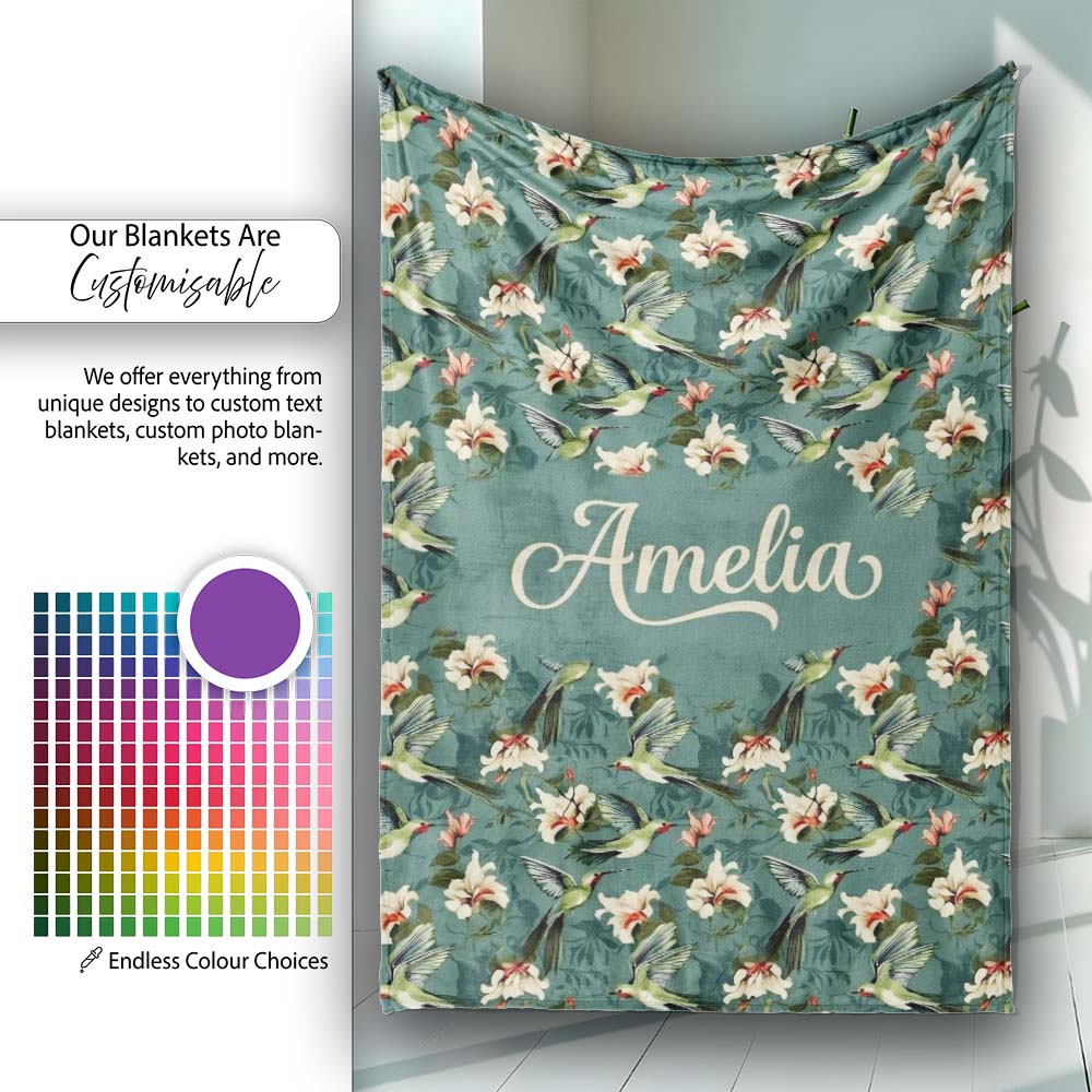 Vintage Hummingbird Lily Floral Dark Green Seamless Pattern Name  Personalised Custom Name Super Soft Fleece Blanket Bed Sofa Throw