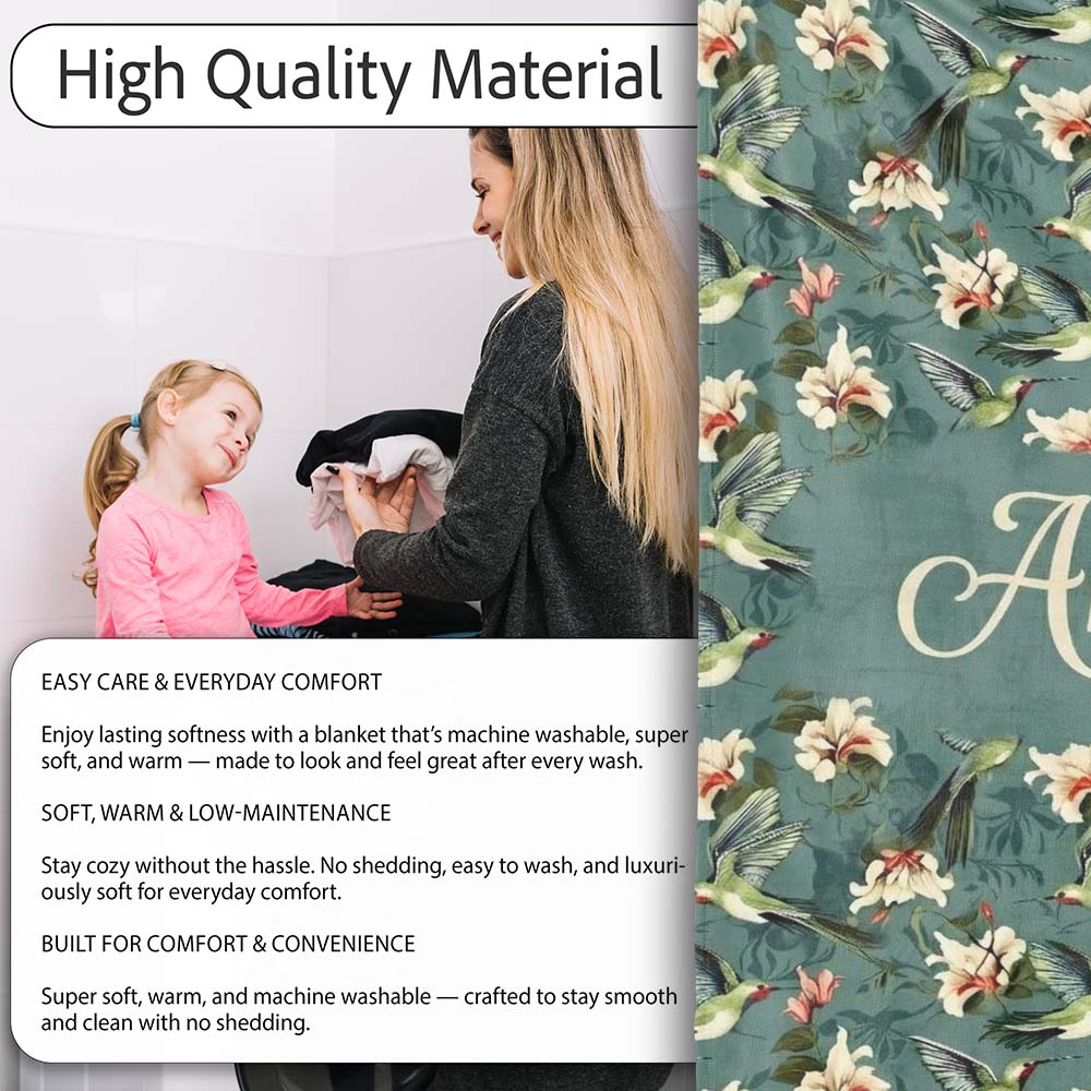 Vintage Hummingbird Lily Floral Dark Green Seamless Pattern Name  Personalised Custom Name Super Soft Fleece Blanket Bed Sofa Throw