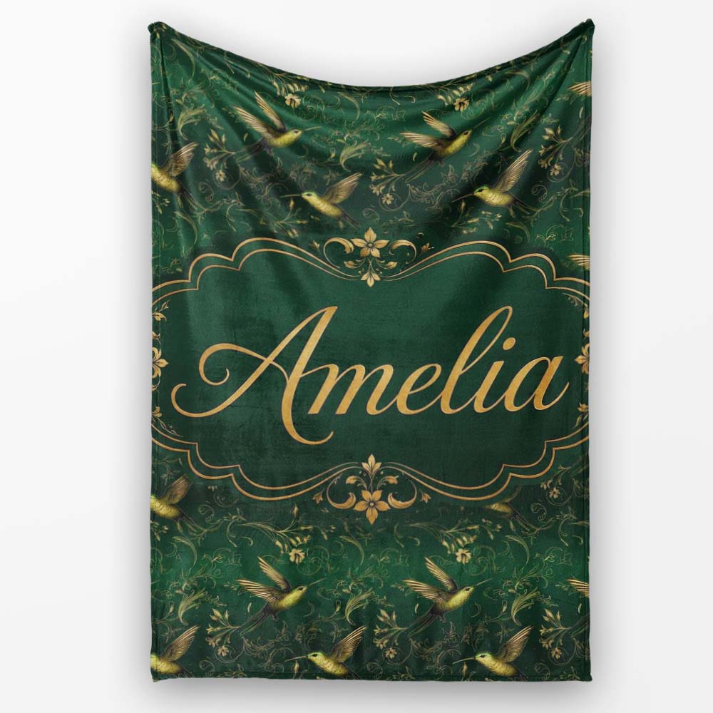Elegant Gold Hummingbird Botanical Dark Seamless Pattern Name Cute  Personalised Custom Name Super Soft Fleece Blanket Bed Sofa Throw