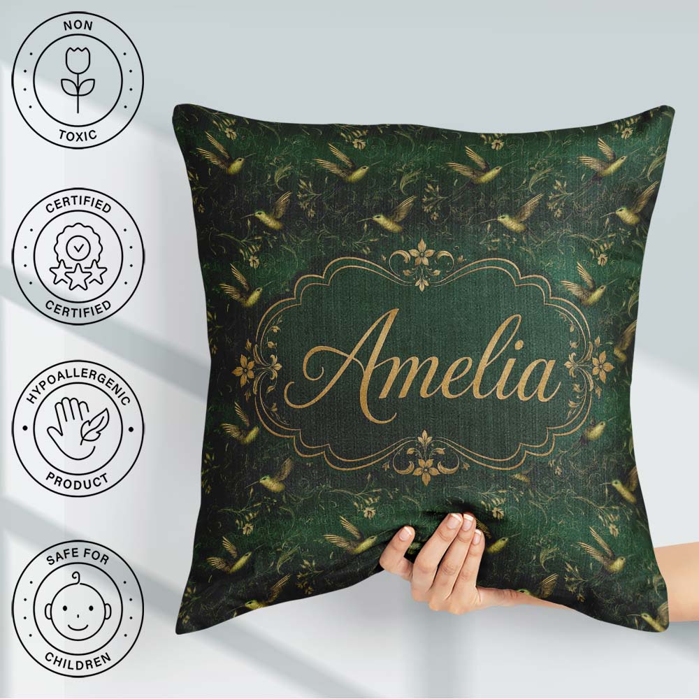 Custom Name Elegant Gold Hummingbird Botanical Dark Pattern Name Square Filled Cushion Throw Pillow Sofa Bed Home Decor Zip Washable UK Made